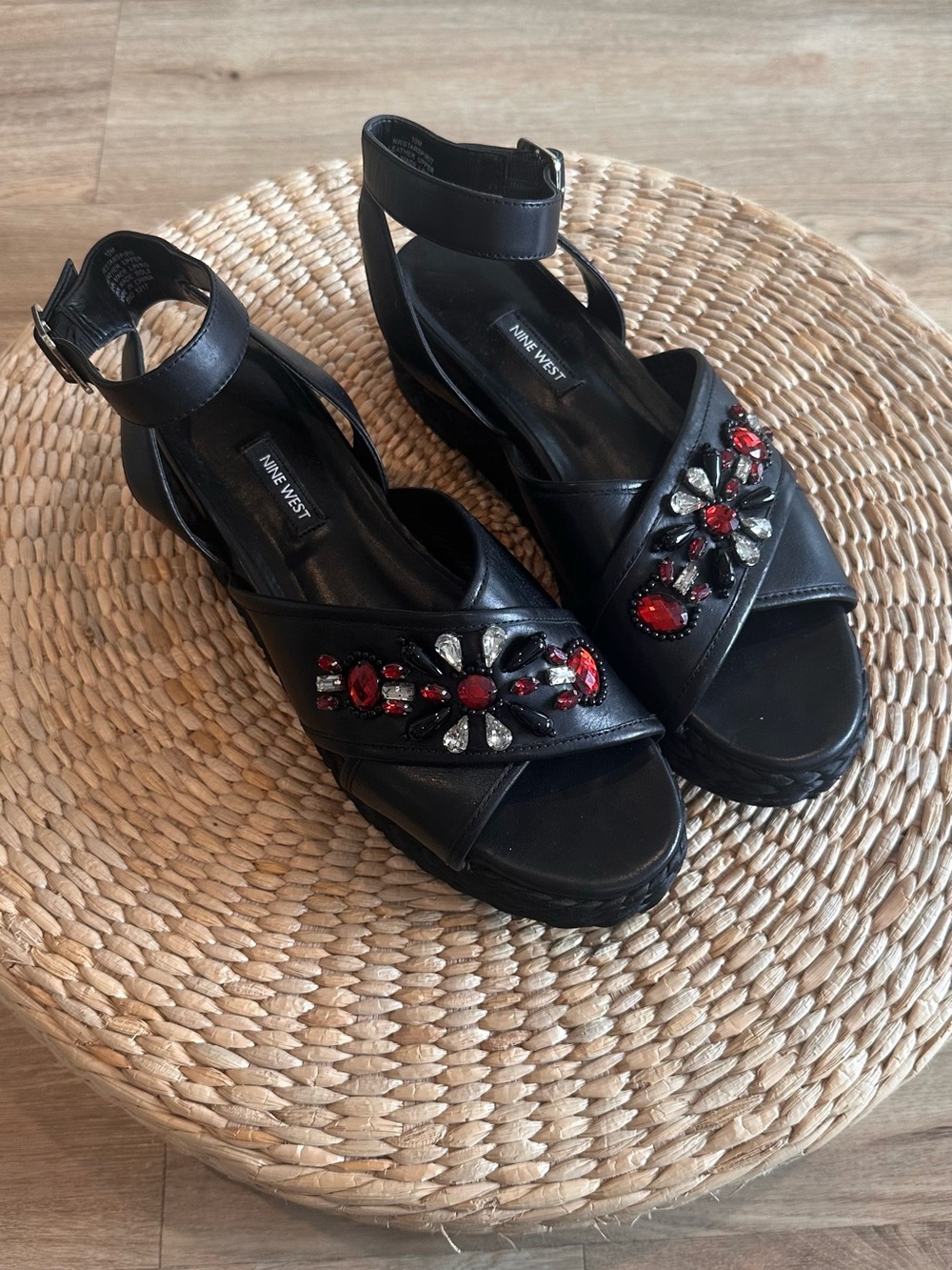 Nine West Black Wedge Sandals with Red and Silver Jewel Accents